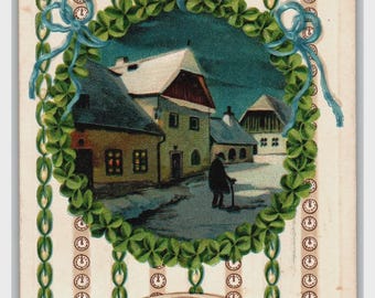 Vintage 1910 Carte postale de voeux de nouvel an en relief, scène de village d'hiver