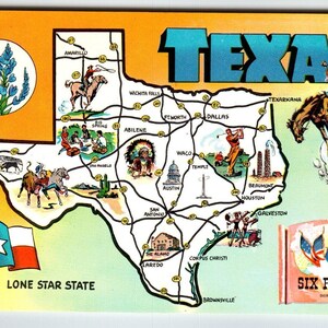 Carte postale du Texas, carte chromée, étoile solitaire, étoile fixe, six drapeaux, non affiché, cadeau unique
