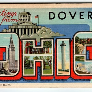 Salutations de Dover, Ohio, grande carte postale vintage des années 1940, lettre Linen Curt Teich