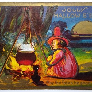 Jolly Halloween carte postale sorcière feu de camp chaudron chat noir mica paillettes lune AMP