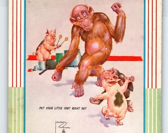 Monkey Chimp Dancing With Pig Drum Fantasy Trade Card Artist Lawson Wood 1940's