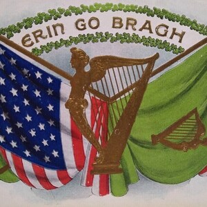 Carte postale de la Saint-Patrick Erin Go Bragh Irlande Drapeaux américains et irlandais Harpe Cadeau unique inutilisé