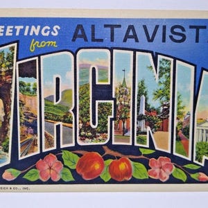 Carte postale en lin à grandes lettres, Virginia, Greetings From AltaVista, Curt Teich, cadeau unique
