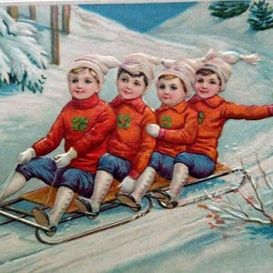 Carte postale de Noël équipe irlandaise de traîneaux trèfle chemises Allemagne 1706 vintage HWB 412 cadeau unique