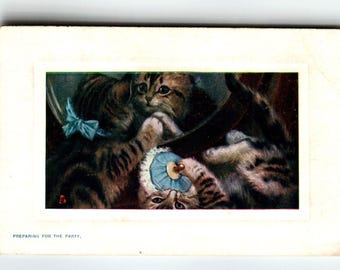 Cats Preparing For The Party Tuck Serie 9707 B. Cobbe Kittens Mirror Powder Puff