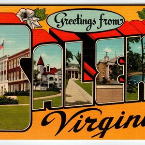 Salutations de Salem en Virginie des années 1940 grande lettre carte postale Linen City vintage VA