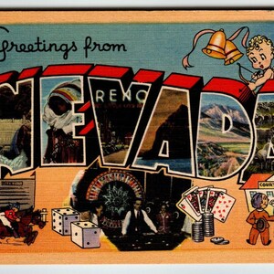 Carte postale en lin, grande lettre, grande lettre, Cupidon, salutations des casinos de Reno au Nevada, cadeau unique Tichnor