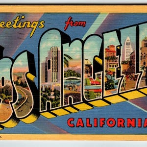 Greetings From Los Angeles California Large Big Letter Linen City Postcard 1949 Unique Gift