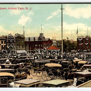 Railroad Square Carte postale chevaux Buggy des foules énormes Asbury Park New Jersey des années 1910