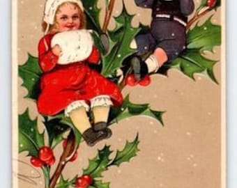 Vintage carte postale de Noël en relief enfants sur une branche de houx 1909 Allemagne