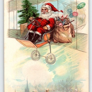 Weihnachtsmann im Flugzeug Weihnachtspostkarte Saint Nick im Luftschiff-Flugzeug Doppeldecker