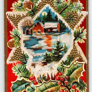 Carte postale de Noël chalet festif étoile lune neige pommes de pin Nash 205 cadeau unique