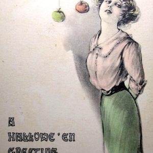 Halloween Postkarte May L. Farini Handkolorierte Getönt Frauen Äpfel Hängen 1912 Einzigartiges Geschenk