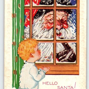 Santa Claus Christmas Postcard Saint Nick Giant Head At Window Child Watches Unique Gift