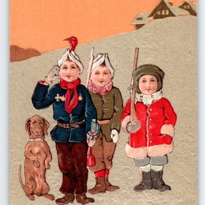 Weihnachts Postkarte Dackel Hund Kinder Schnee Deutschland PFB 5437 Geprägt unbenutzt