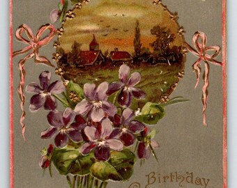 Birthday Flowers Postcard Purple Bouquet Church Vintage Greeting 1910 Germany Unique Gift
