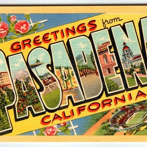 Carte postale en lin grande lettre, Grandes salutations de Pasadena, Californie, années 1940 Curt Teich