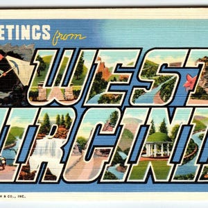 Carte postale de grande taille, grande lettre, Greetings From West Virginia, Linen Curt Teich inutilisé
