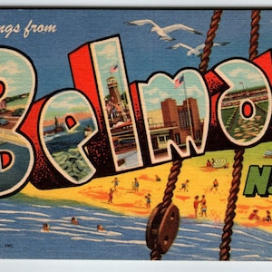 Salutations de Belmar, New Jersey, Grande carte postale en lin, plage, océan, inutilisée, cadeau unique