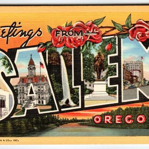 Carte postale lettre grande lettre roses roses de Salem, Oregon des années 1940, lin Curt Teich