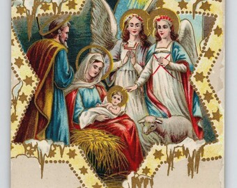 Vintage 1914 Christmas Nativity Postcard Made in Saxony Holy Family Gel Coated