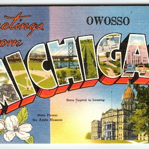 Cartes postales Owosso, grandes lettres, grandes lettres, lettres en lin non utilisé Tichnor