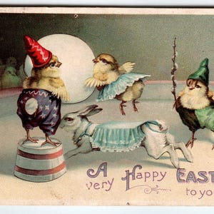 Carte postale de Pâques Ellen Clapsaddle Dressed Rabbit Chicks Acte de cirque Fantasy 1912
