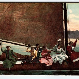 Ship Boat Postcard Victorian Women Wave Hats On Sailboat American News Antique Unique Gift