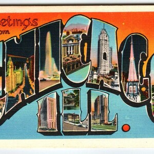 Carte postale des années 1940 Greetings From Chicago, Illinois, grande lettre, lin métropolitain