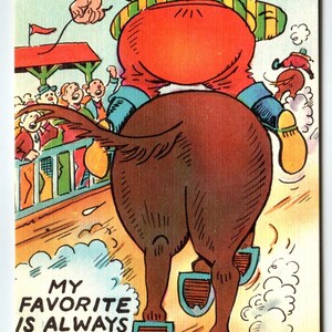 Mein Liebling ist immer hinten! Vintage Leinen Postkarte 1940's Horse Jockey Racing