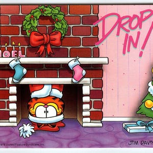 Garfield Weihnachtspostkarte Drop In Chimney Jimfunke Tabby Katze 1978 Einzigartiges Geschenk