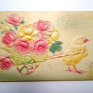 イースターポストカード 浮き彫り画像 赤ちゃんひよこ ファンタジーカート 1909 エアブラシ P サンダース