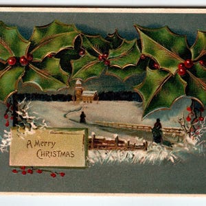1900年代のヴィンテージエンボス加工クリスマスポストカード（ドイツ製）Holly Design