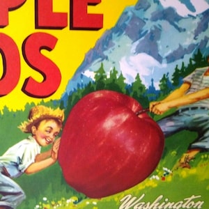Apple Kids Fruit Crate Label Boys Rolling Up Mountain Original Vintage 1950&#39;s Unique Gift