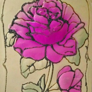 Birthday Postcard Glitter Red Pink Flowers Embossed Vintage Unused Original