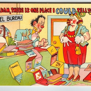 Reisebüro-Büro-Mann und Frauen-Leinenpostkarte Komischer Humor ungepostet Vintage einzigartiges Geschenk