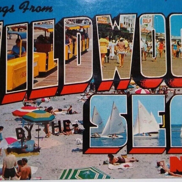 Wildwood By The Sea New Jersey Shore Postcard Large Letter Tram Cars Beach Town Unique Gift