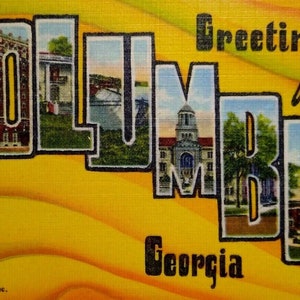 Carte postale en lettres majuscules, grande grande et grande taille, Greetings from Columbus Georgia, lin, cadeau unique, inutilisé