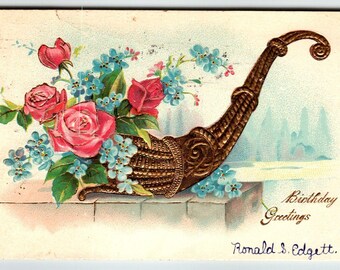 Birthday Flowers Postcard Gold Trimmed Embossed Pink Roses Basket Germany Unique Gift