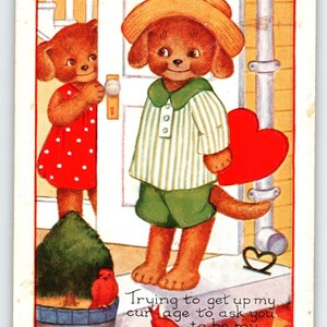 Carte postale Saint-Valentin Chiens habillés Whitney Fantasy Coeurs anthropomorphes en relief