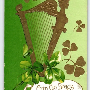 Carte postale de la Saint-Patrick Erin Go Bragh, trèfles de harpe dorés en relief, trèfles, cadeau unique
