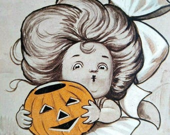 October Halloween Dodsworth Big Hair Girl Vintage Postcard AH Co. Original 1908