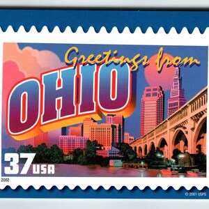 Salutations de l'Ohio Grande carte postale chromée USPS 2001 Bridge Buildings Lake Cadeau unique