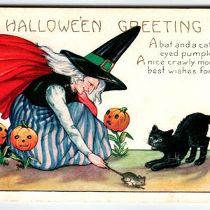 Carte postale Halloween Plantes anthropomorphes Souris Chat noir Sorcière Citrouilles Whitney