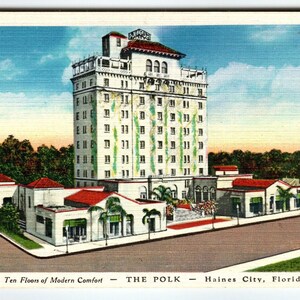 Hôtel Polk Building Haines City Florida Carte postale Linge de maison vintage inutilisé LL Cook Cadeau unique