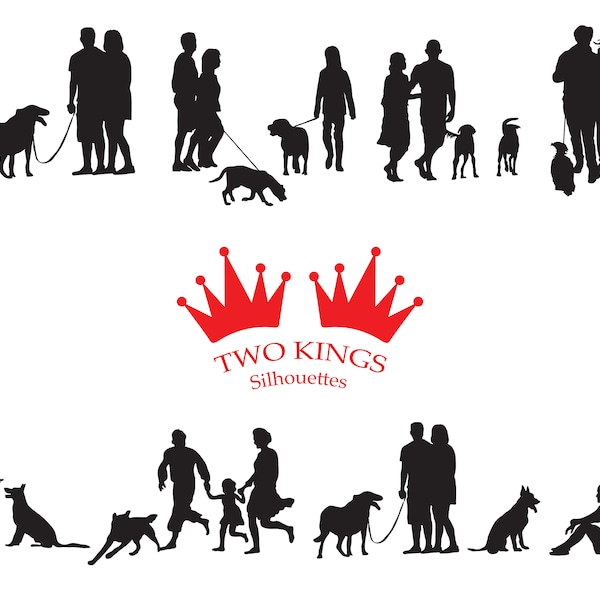 Des personnes promenant des silhouettes de chiens, des silhouettes noires de personnes avec un chien, un fichier svg coupé, des fichiers Cricut. Fichiers Svg, Png, Dxf, Eps et Jpg.