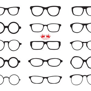 SVG cut file. Glasses vector collection. Various black silhouette of glasses. Different shapes, frame, styles. Svg, Eps, Jpg, Png, Dxf.