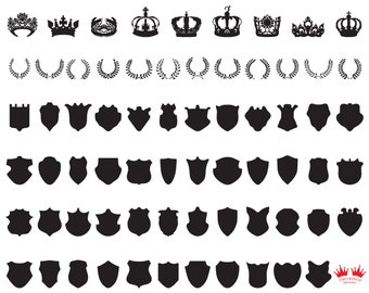 SVG collection.Heraldic elements laurel wreaths, crowns, ribbon banners, shields, royal lily collection vector. Black silhouettes.Svg file