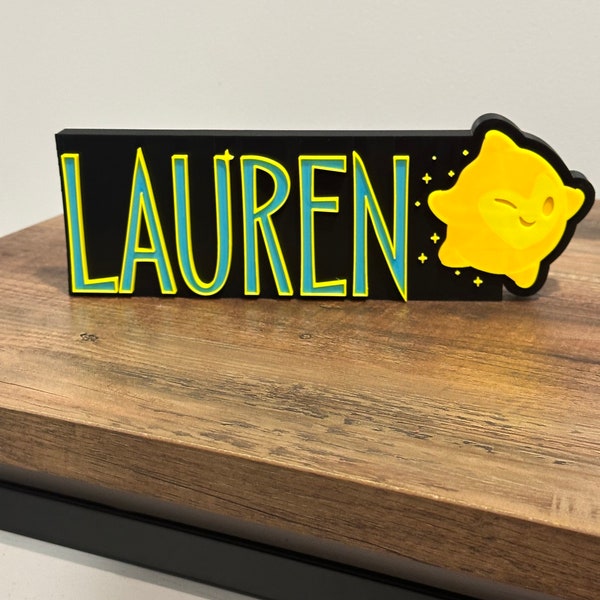 Custom Wish style Name Plate with large Asha Star, Girls Birthday, Kids room, Teacher desk, Nursery name, Birthday Party, Cake Topper.