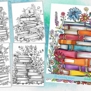 Berry Color Book Stack Floral Bookshelf Illustration | Digital Download | Coloring Botanical ...